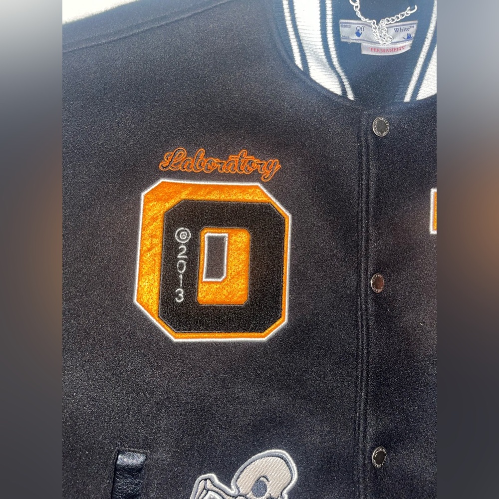 Off-White Leather Varsity Jacket Black & Orange L… - image 7